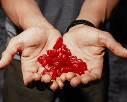 Close-up of frog-shaped mixed berry Enduro Gummies cupped in both hands
